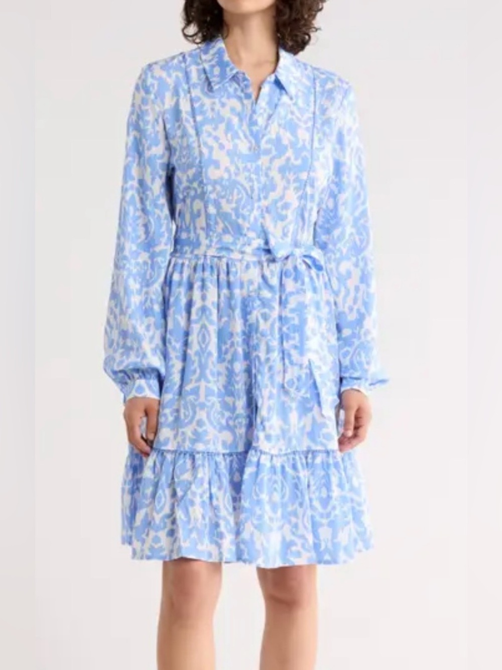 Ellen Tracy Light Blue & White Ikat Damask Printed Long-Sleeve Dress XS